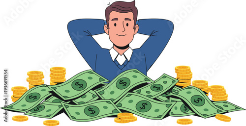 Cartoon man sitting behind pile of money cash dollars