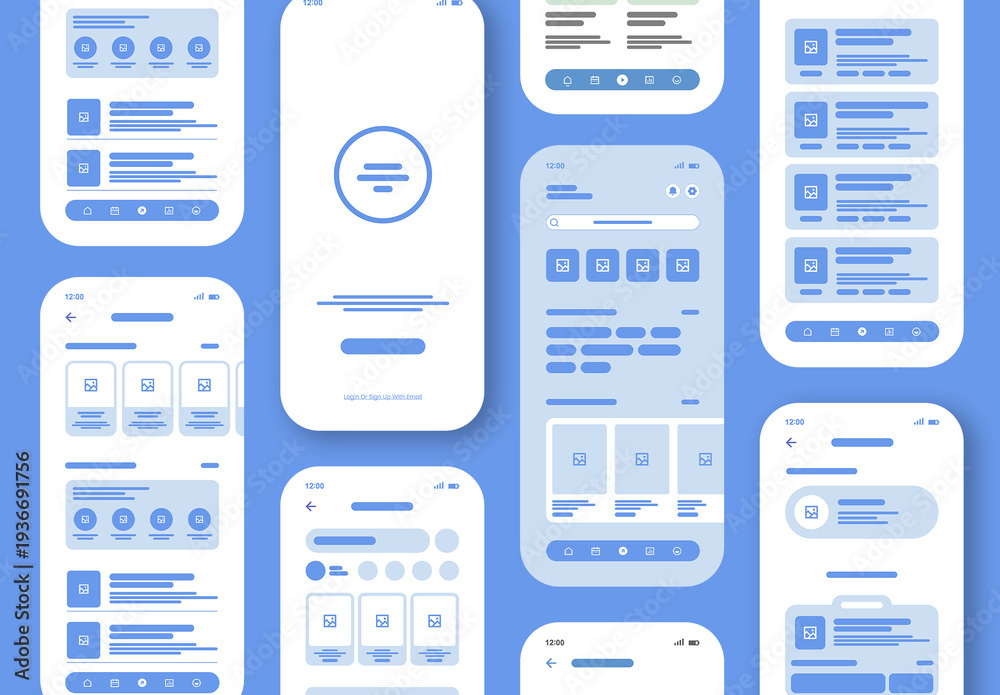Modern Mobile App UI Kit With Minimal Blue Dashboard Wireframe Stock ...