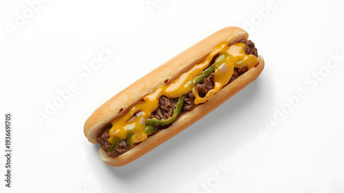 A delicious philly cheesesteak sandwich with melted cheese and vegetables on a long bun viewed from above
