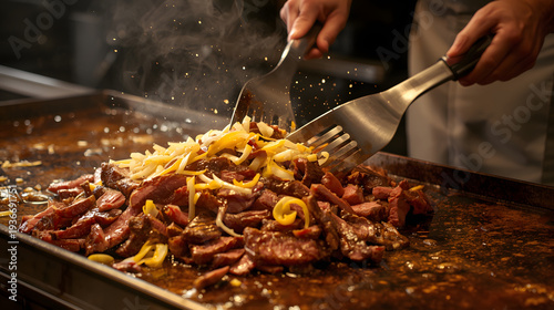 Sizzling meat and vegetables being expertly tossed on a griddle by a chef in a bustling kitchen environment
