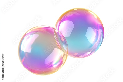 Two translucent soap bubbles, iridescent with colorful reflections, float against a white backdrop
