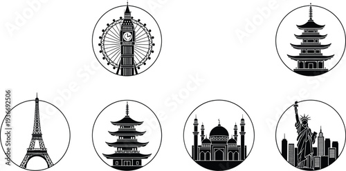 World landmarks icons vector illustration featuring Eiffel Tower Big Ben pagoda Taj Mahal Statue of Liberty travel destination symbols