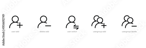 Set of User Management Line Icons. Add User, Remove User, Switch User, Group Add, Group Delete symbol.