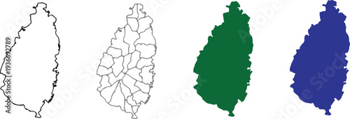 Saint Lucia Map Bundle: Detailed Administrative Districts, Silhouette Outlines, and Solid Vector Icons in Multiple Color Variations