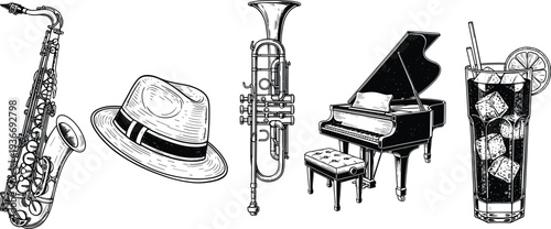 Jazz music themed vector illustration featuring saxophone trumpet grand piano hat and cocktail drink isolated on white background vintage style
