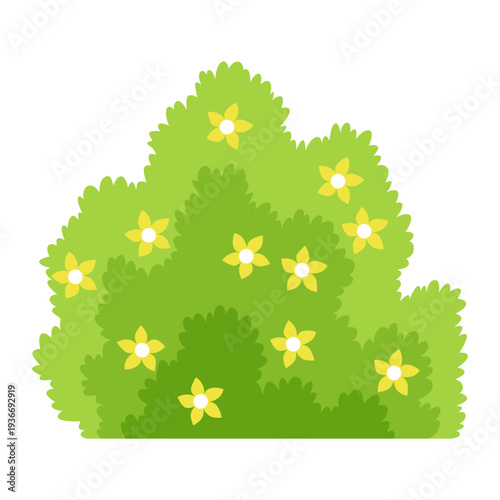 Bush with flowers icon. Cartoon forest and park shrubbery with floral elements. Landscape scene create element. Vector cartoon illustration