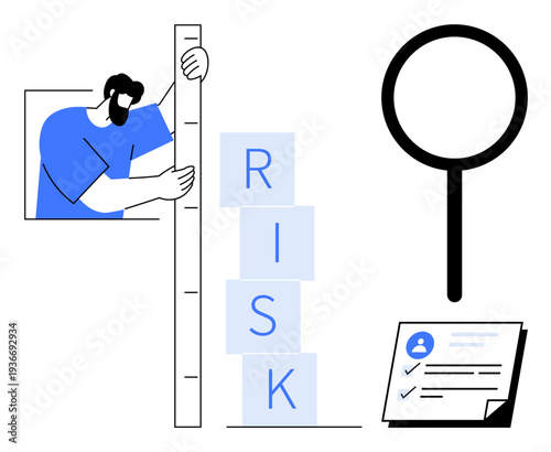 Person measuring stacked blocks labeled RISK, magnifying glass, and document with profile and checklist. Ideal for risk management, business strategy, analysis, decision-making, evaluation