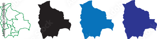 Set of Bolivia Map Silhouettes in Multiple Styles: Detailed Regional Outlines, Solid Black, Light Blue, and Dark Navy Blue Vector Icons Isolated on White Background