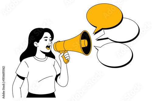 A woman holding a yellow megaphone and speaking loudly with speech bubbles