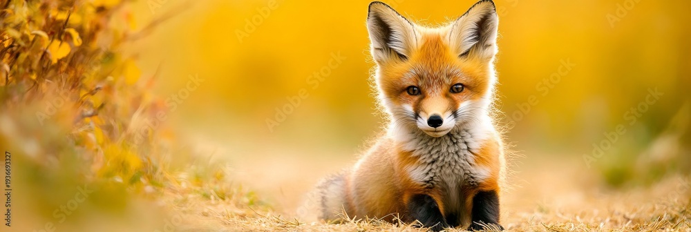 Obraz premium Charming Young Fox Cub Resting Calmly in the Tranquil Autumn Outdoors, Exuding Innocent Warmth