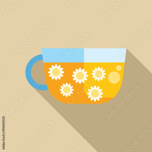 Cup of relaxing chamomile drink with floral elements and bubbles