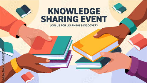 Diverse hands exchanging books at a knowledge sharing event with a colorful background and floating books