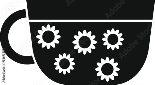 Black silhouette of a cup with white flower pattern, ideal for drinkware designs