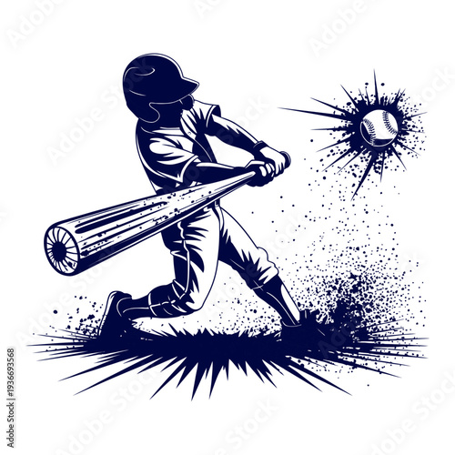 Baseball Player hitting ball in dynamic action with dark Silhouette for sports Illustration