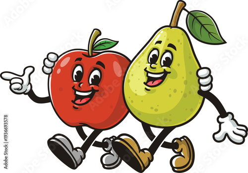 Cartoon mascots of apple and pear fruit walking together