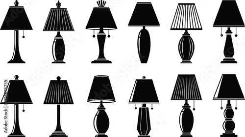 Table lamp silhouette collection vector illustration featuring classic decorative desk lamps isolated on white background interior lighting design set