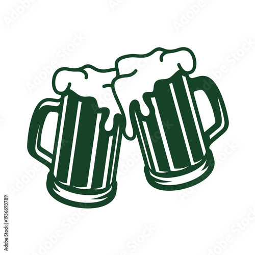 A clean, minimalist black and white vector illustration of two beer mugs clinking together in a toast. Bold line art, high contrast, isolated on a solid white background, professional icon style