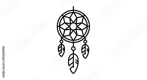 Minimalist black and white line art illustration of a traditional dreamcatcher with a web and three hanging feathers.