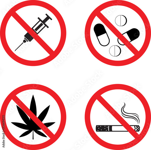 prohibition signs against drugs smoking cannabis and unhealthy substances for public health awareness