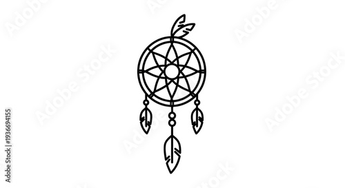 Simple line art illustration of a traditional dreamcatcher with feathers and beads, isolated on a white background.