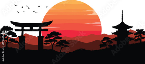 Japanese pagoda and torii gate silhouettes at sunset mountains