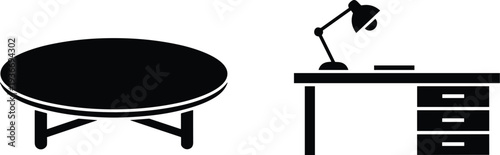 Minimal furniture silhouette vector illustration with round coffee table and modern office desk lamp isolated on white background