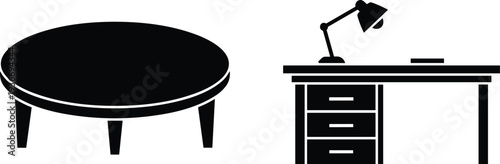 Minimal furniture icon vector illustration featuring round coffee table and office desk with lamp isolated on white background design