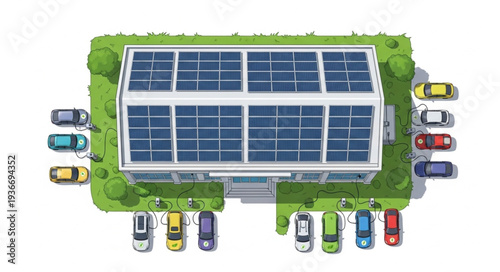 Modern building with solar panels and parking lot.