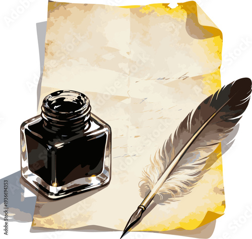 Create a realistic Paper with feather in the inkwell vector art with white background.
