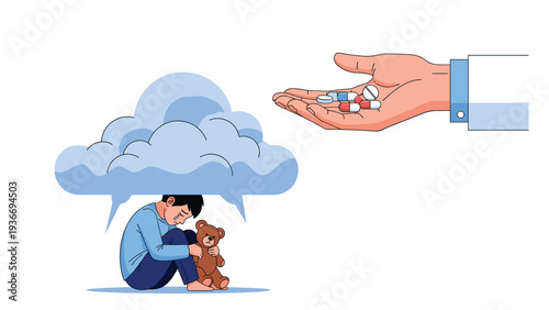 Vulnerable child sitting under shadow of depression while giant hand offers medication representing mental health and pediatric treatment.