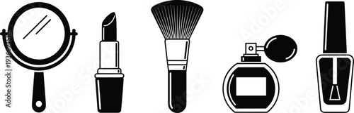 Beauty cosmetics icon collection vector illustration with mirror lipstick makeup brush perfume bottle and nail polish isolated design set