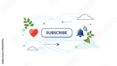 Modern subscribe button design featuring heart icon and notification bell with artistic leaf and cloud elements for social media marketing.