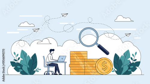 Businessman working on laptop next to giant magnifying glass and coins symbolizing financial research, audit, and wealth management.