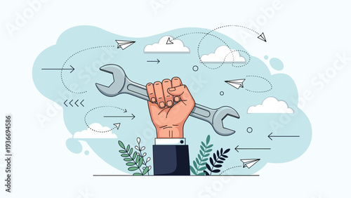 Strong hand holding metal wrench against abstract background with arrows and clouds representing maintenance, repair, and technical skills.