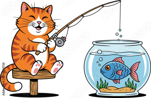 Orange cat fishing for blue fish in bowl fishing rod fish bowl