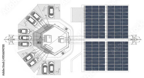 Architectural drawing of a futuristic sustainable building with solar panels and electric cars.
