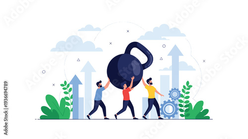 Team of office workers carrying giant kettlebell together representing collective effort, teamwork, and shared burden in business project.