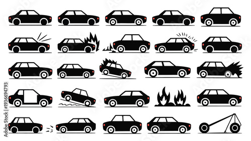 Car vector icons set showing various crash and accident scenarios