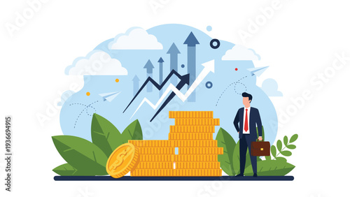 Successful businessman standing near large stacks of gold coins with upward arrows representing financial growth and investment profit.