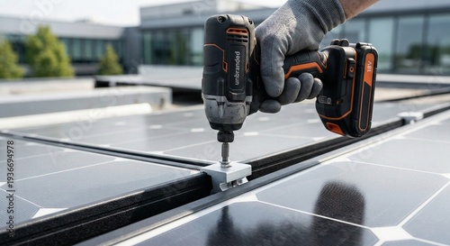 Technician Tightening Solar Panel Mid-Clamp with Cordless Impact Driver