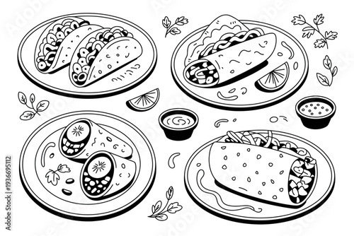 Taco vector illustration set with various Mexican food items and condiments