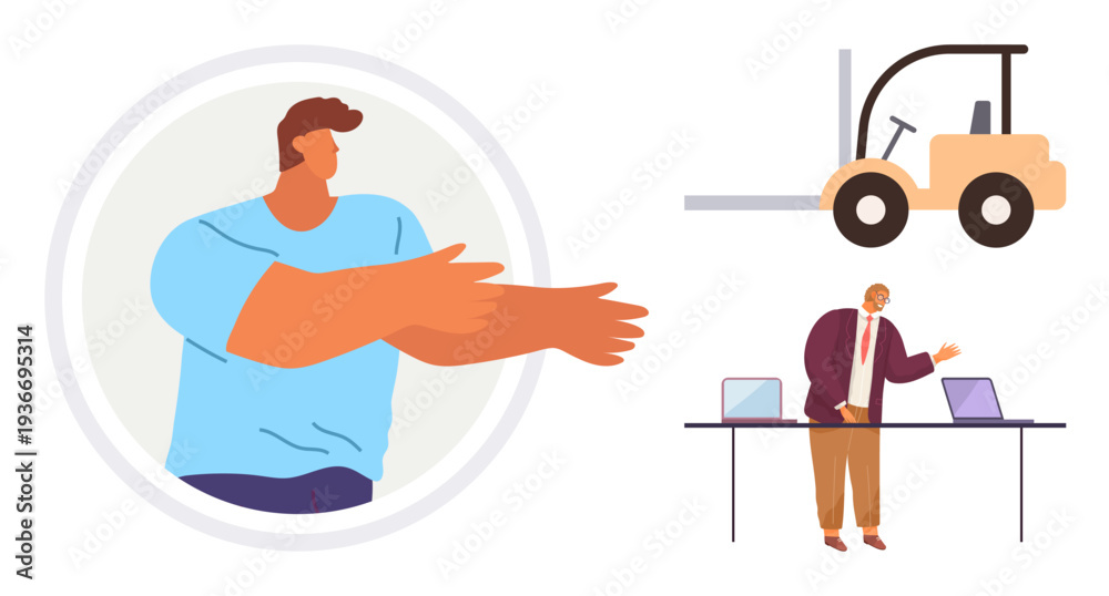 Fototapeta premium Workplace collaboration, logistics, business strategies, office teamwork, employee roles, supply chain efficiency. A man gestures, a forklift an individual presenting at a desk. Logistics