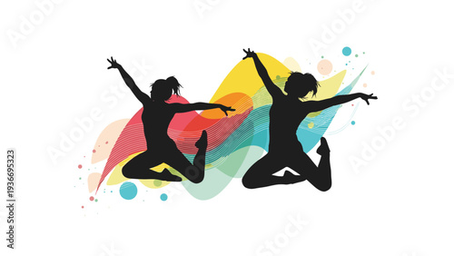 Dynamic silhouettes of two women performing a joyful jump against a vibrant and colorful abstract wave background design.