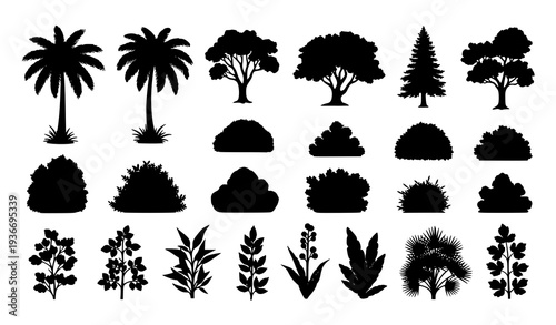 Diverse tree and plant silhouette vector set – palm, pine, bush, and shrubs