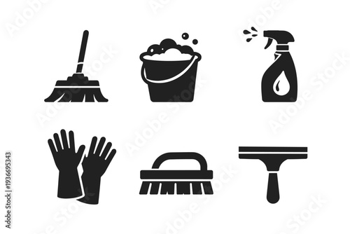 Set of black cleaning supplies icons including a broom, bucket, spray bottle, gloves, brush, and squeegee