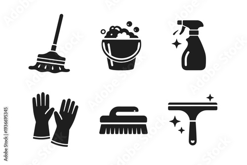 Set of black cleaning icons including a mop, bucket, spray bottle, gloves, brush, and squeegee