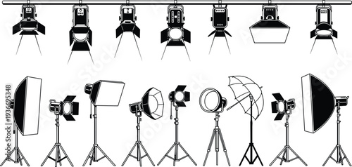 Studio lighting equipment setup with various light stands and reflectors softbox
