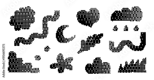 Abstract bitmap pixel dither objects and shapes.Halftone 8-bit playful naive vector pixelated set,geometric shapes, heart, flower,cloud, grass,arcade gradation texture.Retro video art or glitch design