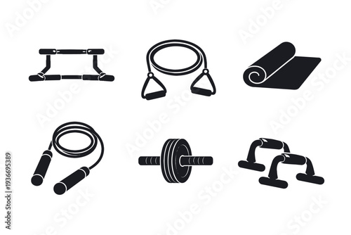 Collection of black fitness equipment icons on a white background for home workouts