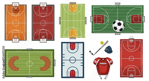 Collection of Various Sports Fields and Equipment.